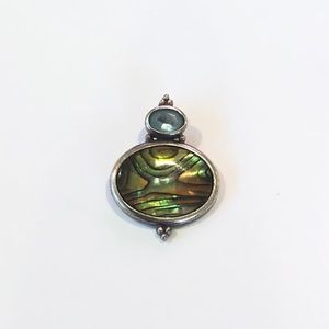 Vintage Sterling Silver Abalone Pendant Blue Topaz